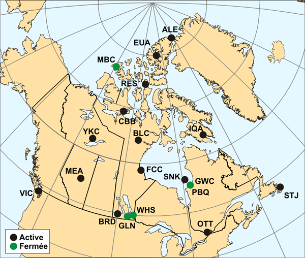 Carte des observatoires canadian.  Pour plus de d&eacute;tails, voir la table suivante.