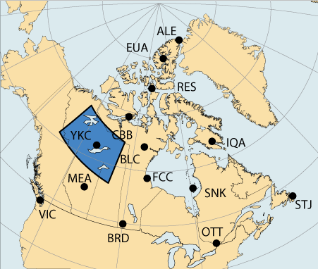 Carte du Canada avec une grande surface autour de Yellowknife, Territoires du Nord-Ouest, qui est associé à la région de Aurorale de l'Ouest