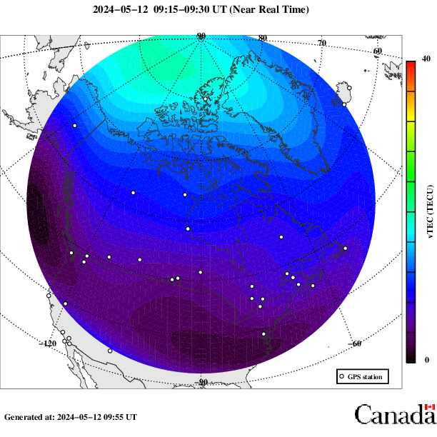 Map of Total Electron Content over Canada. Description of graphic follows.