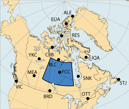 Carte du Canada avec une grande surface autour de Churchill, Manitoba, qui est associ&eacute; &agrave; la r&eacute;gion de Aurorale Centrale