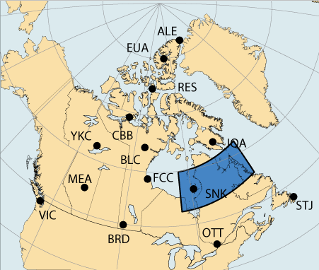 Carte du Canada avec une grande surface autour de Sanikiluaq, Nunavut, qui est associ&eacute; &agrave; la r&eacute;gion de Aurorale de l'Est