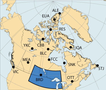 Carte du Canada avec une grande surface autour de Brandon, Manitoba, qui est associé à la région de Prairie du Sud