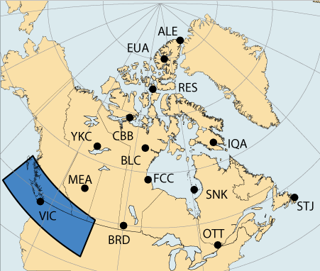 Carte du Canada avec une grande surface autour de Victoria, Colombie Britanique, qui est associé à la région du Sud-Ouest du Canada